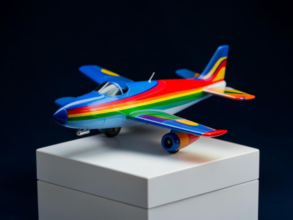 Colorful custom 3D printed airplane figurine on a display pedestal