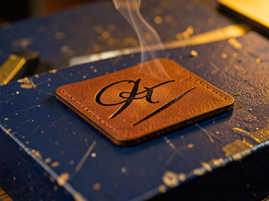 Premium leather patch being laser engraved with a monogram brand mark