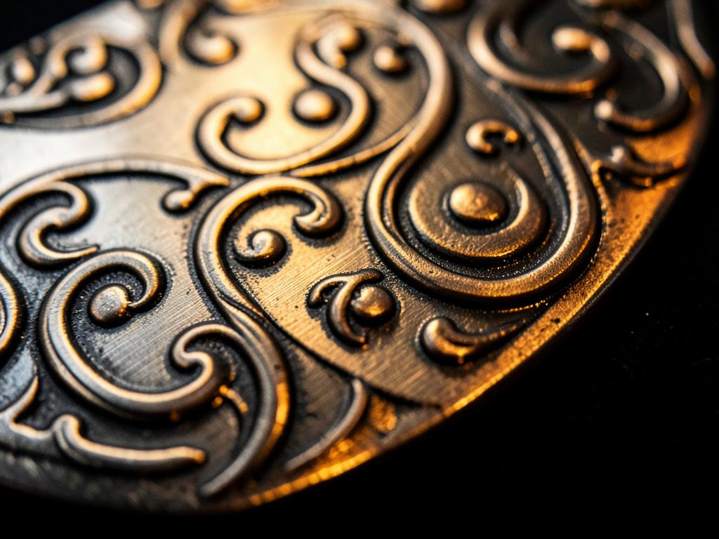Decorative scroll engraving detail on a polished metal surface